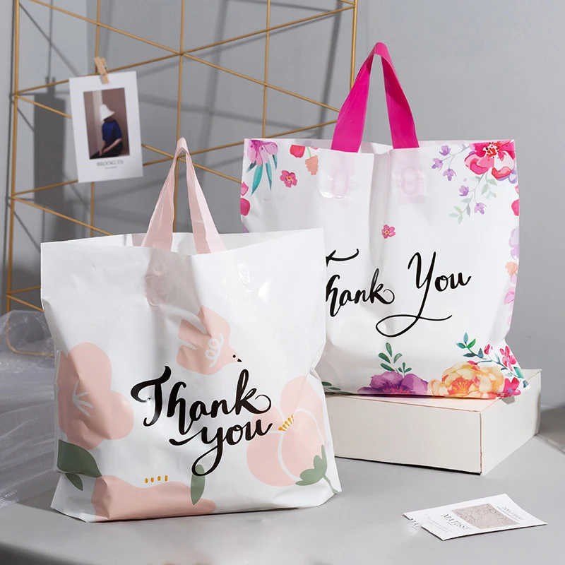 50pcs Plastic Bag With Handles Shopping Packaging Bag For Small Businesses Cartoon Flower Thank You Gift Bags