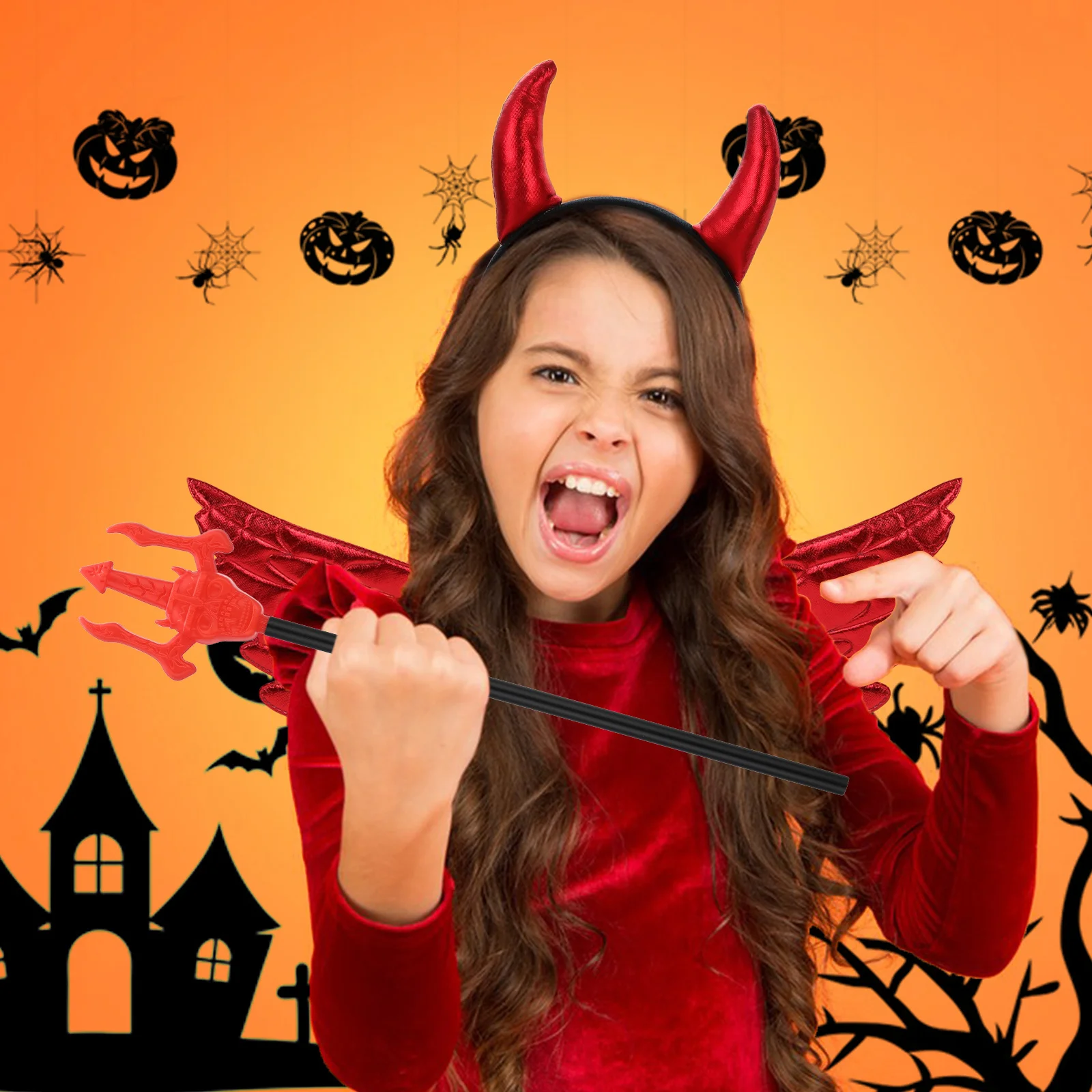 1Set Duivel Vleugels Hoorn Hoofdband Kostuum Set Rode Elastische Haarhoepel voor Halloween Carnaval Cosplay Party Festival Gift Accessoire