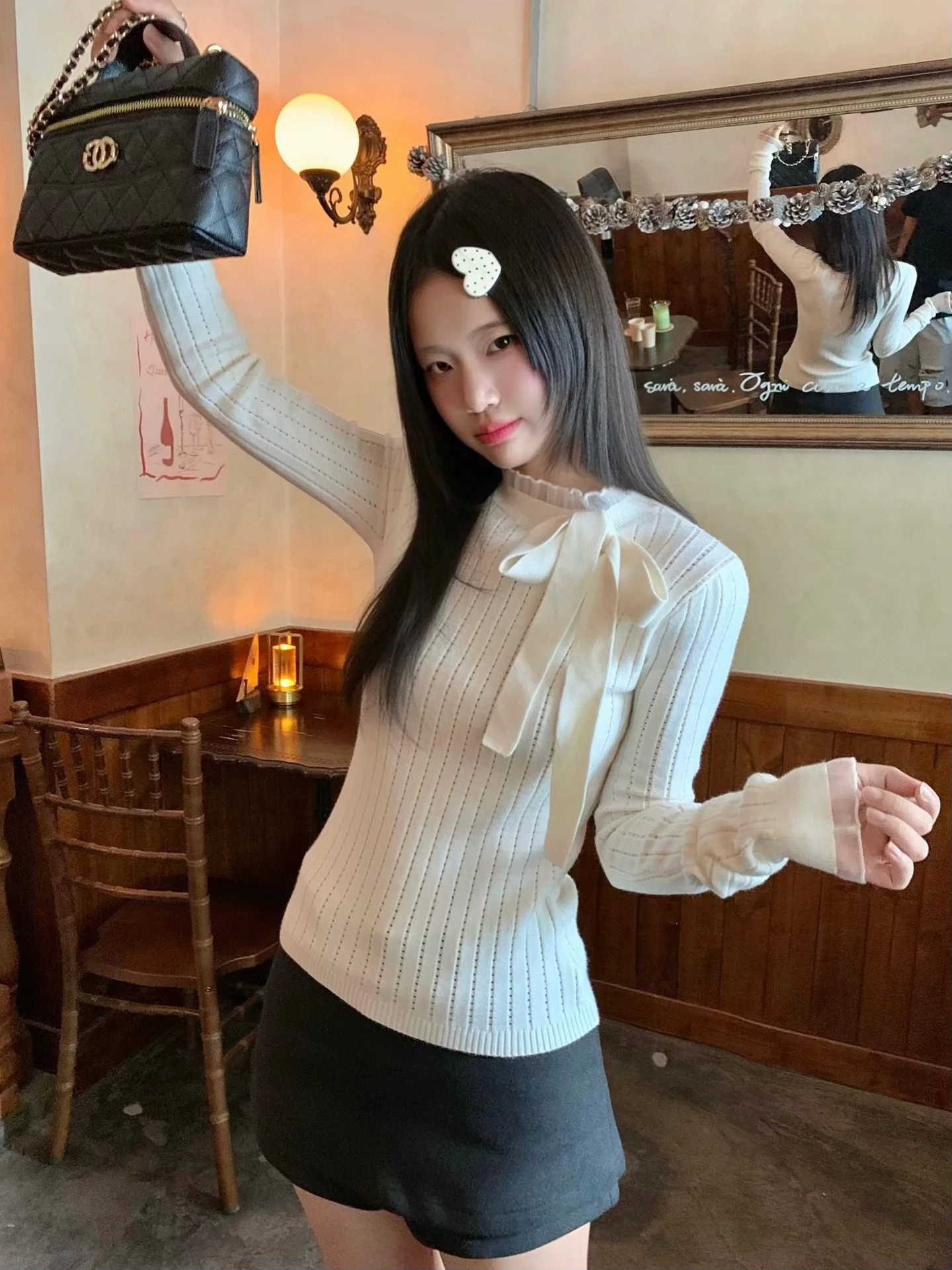 

Корейский женский вязаный топ с узлом и кружевом, внутренняя одежда, прямая трубка, длинный повседневный осенний топ Faion