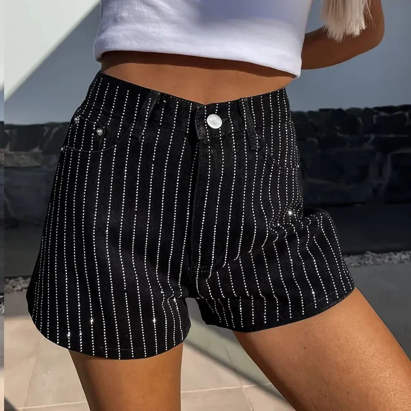 Frauen elegante Hot Drill Straight Jeans Shorts Hose 2024 Sommer Mode Knopf solide Club Party Hose lässige Tasche lose Hose