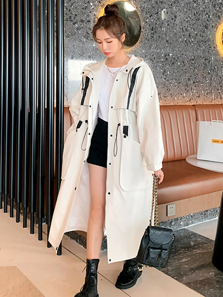 LANMREM Korean Style Hooded Long Trench Coat Women Pockets Drawstring Design Loose Windbreaker Fashion 2024 Spring New 2AA4442