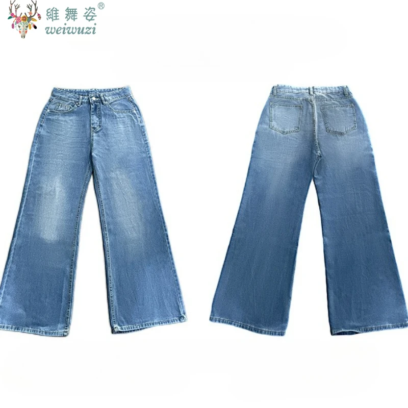 Celana Jeans Wanita Celana Denim Biru Pinggang Tinggi dengan Saku Fashion Kasual Celana Panjang Lebar Musim Gugur Streetwear Korea Baru