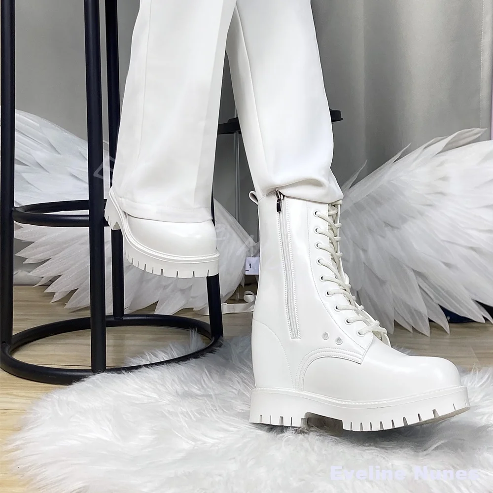 Unisex White Platform Cosplay Elevated Shoes 14CM Hidden Height Increasing Lace Up Anime Stage Performance Costume Mid Calf Boot