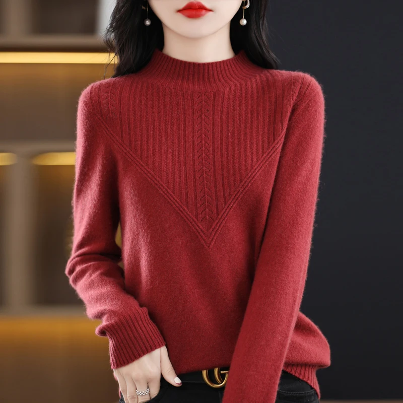 100% Merino wool Autumn/Winter new women's sweater half turtleneck Jumper Fashion diamond-encrusted warm base knit shirt