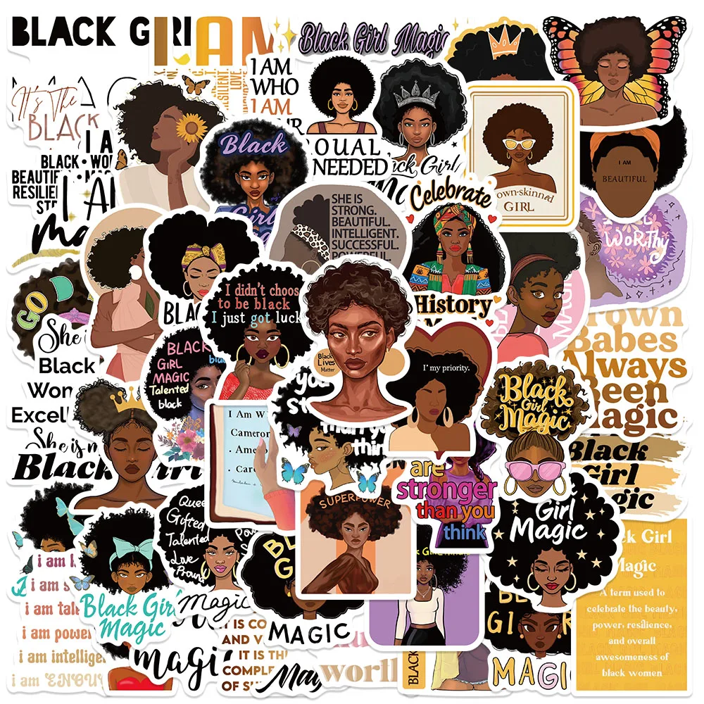 50PCS Black Girl Magic Affirmation Stickers Cartoon Decorate Decals For Skateboards Refrigerator Laptop Guitar Luggage Stickers