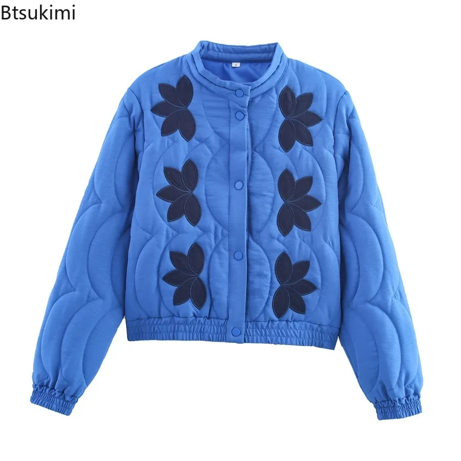 2025 Winter Women's Embroidered Cotton Coat Retro Round Neck Single-breasted Women's Y2k Streetwear Long-sleeved Warm Jacket