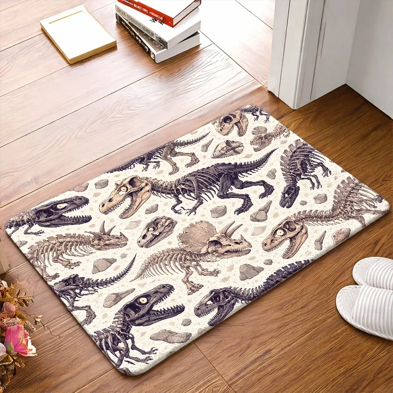 1pc 2D Flat Dinosaur Skeleton Fossils T-Rex Flannel Area Rug Non Slip Prehistoric Kids Carpet For Bedroom Playroom Floor Decor
