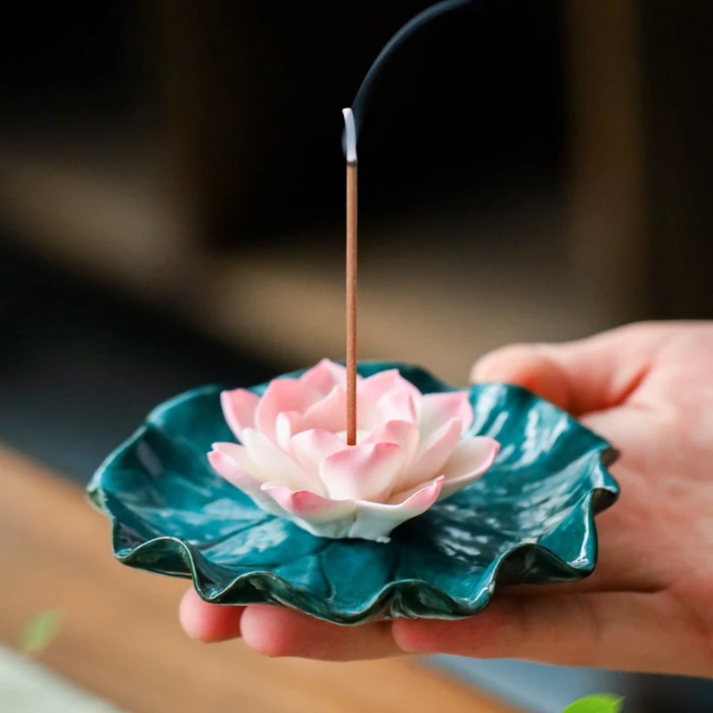 Handmade Ceramic Lotus Leaf Incense Burner Lotus Incense Holder for Incense Stick Ash Catcher Buddhism Supplies Home Decor