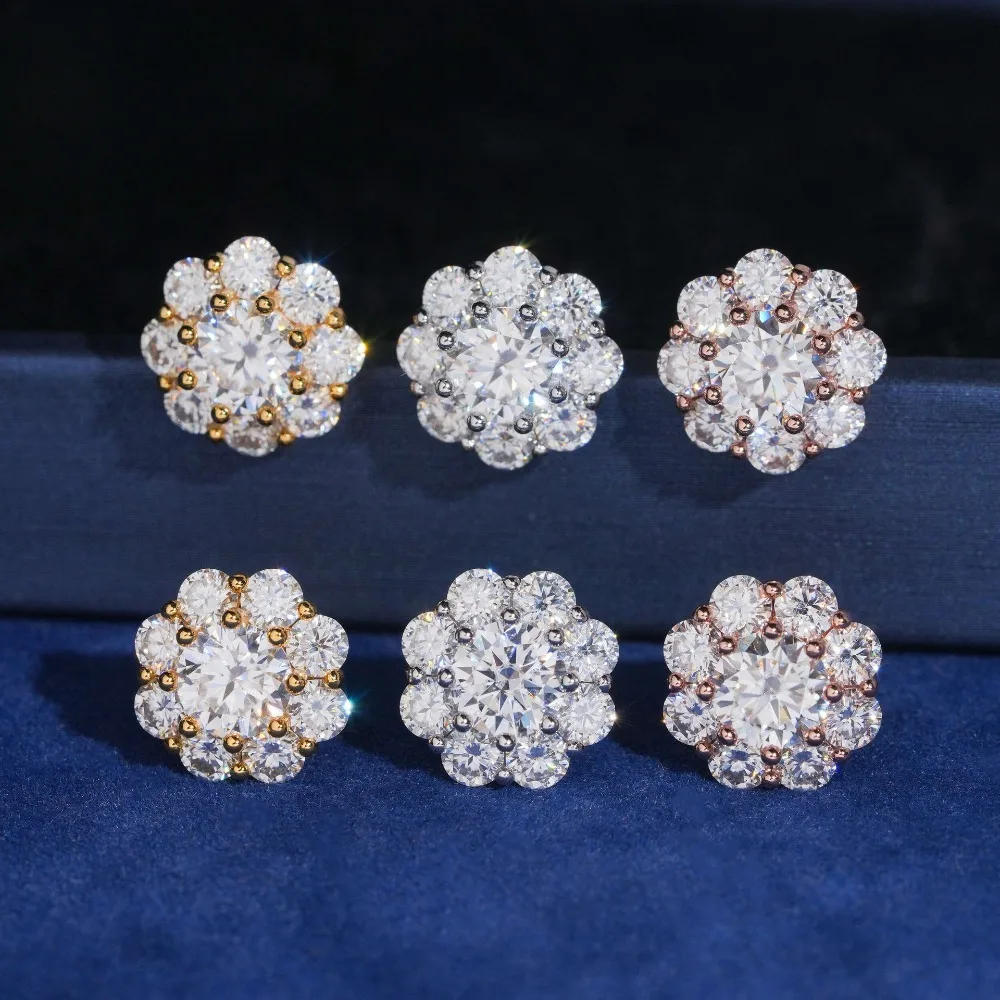 

925 Sterling Silver 12mm Flower Moissanite Flower Stud Earrings For Women Hiphop Rock Jewelry Plated White Gold Pass Tester