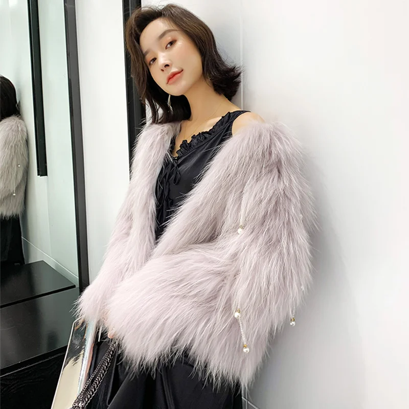 

Women's Raccoon Coat Dog Fur Autumn And Winter Short Handmade Pearl Tassel Decoration V-neck Real Fur Overcoat Socialite Style