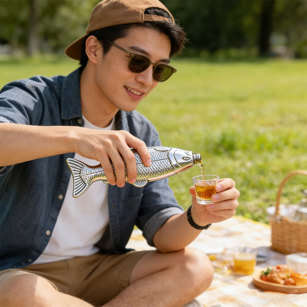 

Stainless Steel Fish Shaped Hip Flask Portable Liquor Bottle Outdoor Camping Travel Wine Container Gift For Men Silver New