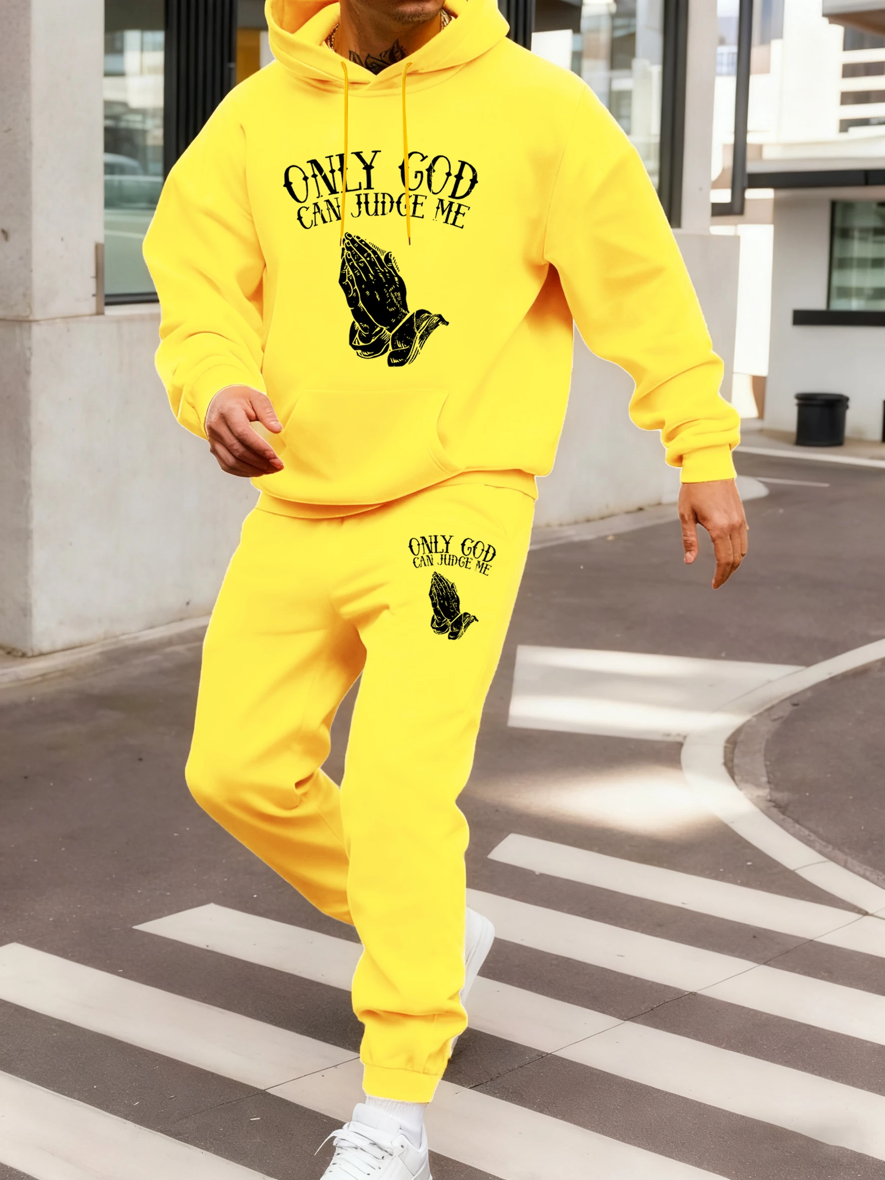 

Only God Can Judge Me Printed Hoodie Set Man Casual Comfy Jogging Long Pants Fur-Liner Loose Pullover Fleece Pocket Sweatpants