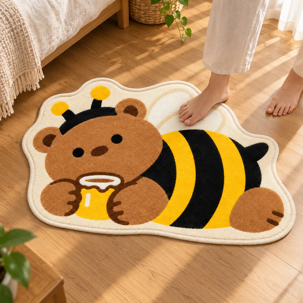 Cute Honey Bee Bear Shaped Area Rug Animal Irregular Flannel Floor Mat for Bedroom Living Room Bathroom Entryway Home Decor Gift