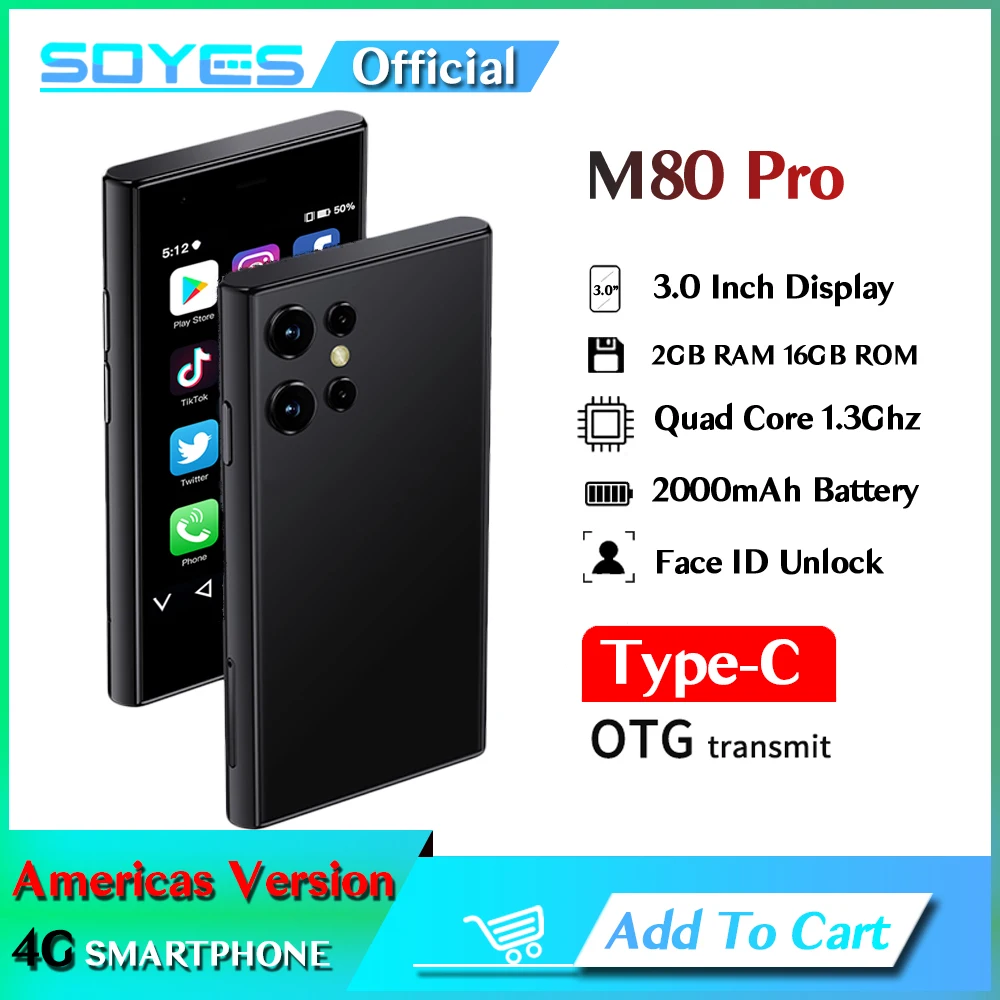 小型携帯電話,SOYES-M80インチ画面,4G, 2GB RAM, 16GB ROM,wifi,Bluetooth,顔認識,Android 9.0,3.0 mah,4g,2000 pro