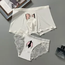 Printed New Style Ice Silk Couple Underwear Sexy Men's Boxer & Women Panties Lover's Panty 2 Pieces Set for Boyfriend Girlfriend