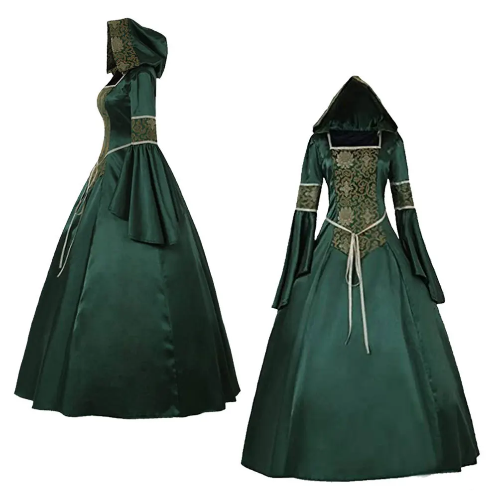 Queen Medieval Retro Gothic Hoodie Witch Long Skirt Women's Party Dress Cosplay Vampire Halloween Adult Costume Flared Sleeves