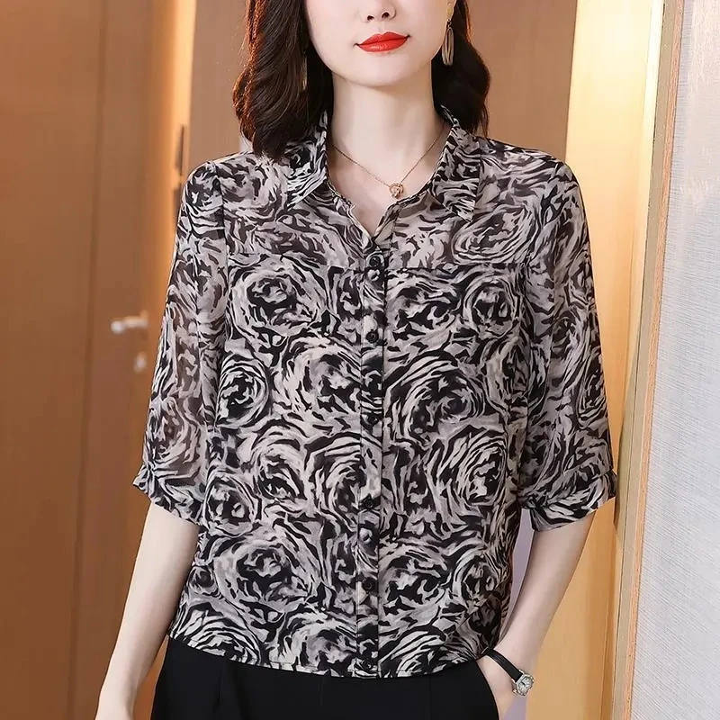 

Свободный шифоновый топ ort Sve для женщин, летний моющийся, закрывающий живот, воротник большого размера, стандартный крой, тонкий полиэстер