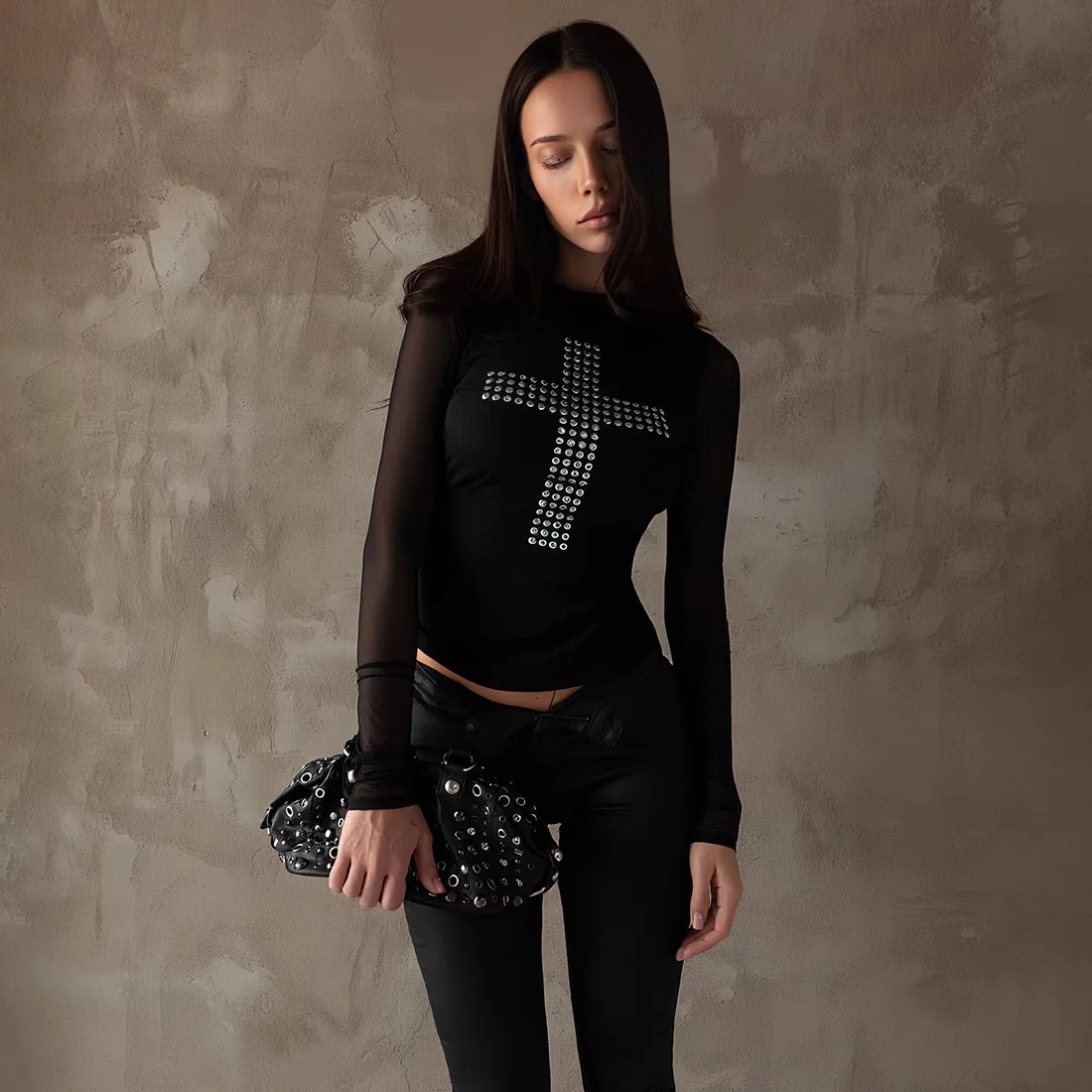 

Summer Trendy Y2g Slim Fit Sexy round Neck T-shirt Cross Rivet Top Early Autumn New Dark Style Trendy Long-Sleeve Women