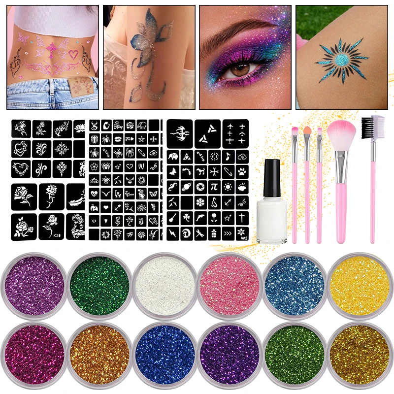 4pcs DIY Flash Tattoo 12 Colors of Glitter,Includes Multiple Tattoo Templates Glue Brushes Set,DIY Glitter Cartoon Sticker Tatto