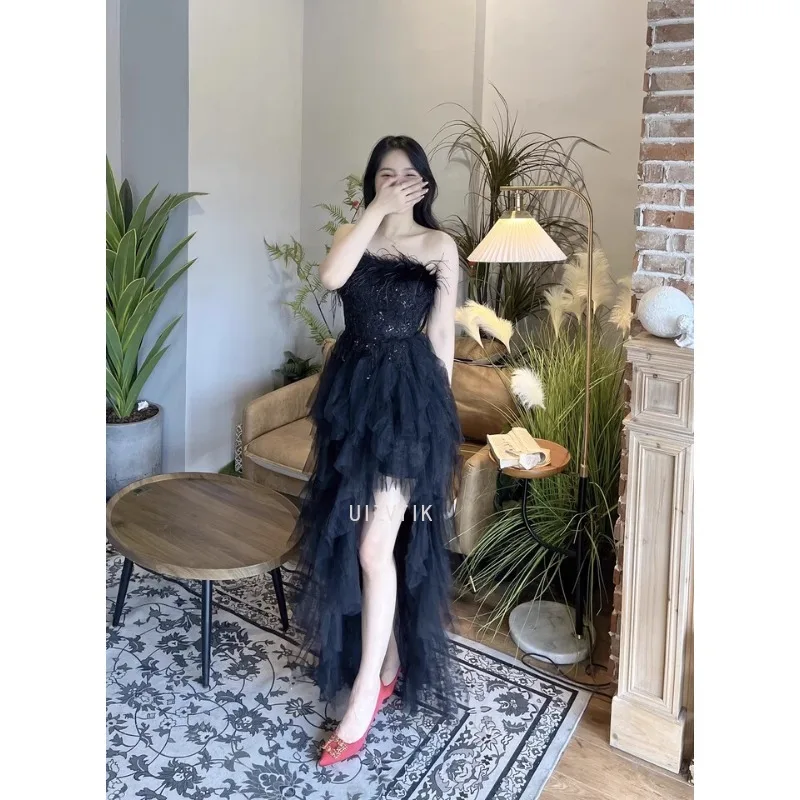 Женские вечерние платья, модное короткое и длинное платье для выпускного вечера спереди, черное простое свадебное платье без бретелек с блестками и перьями