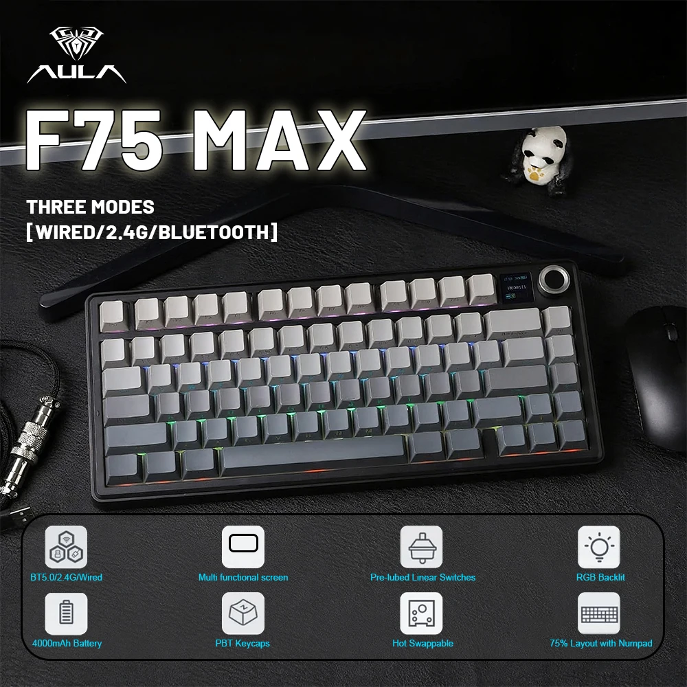 

AULA F75 MAX Gaming Keyboard Wireless Mechanical Keyboard RGB Backlight 75% Layout Hot Swappable TFT Screen Knot 4000mAh Battery