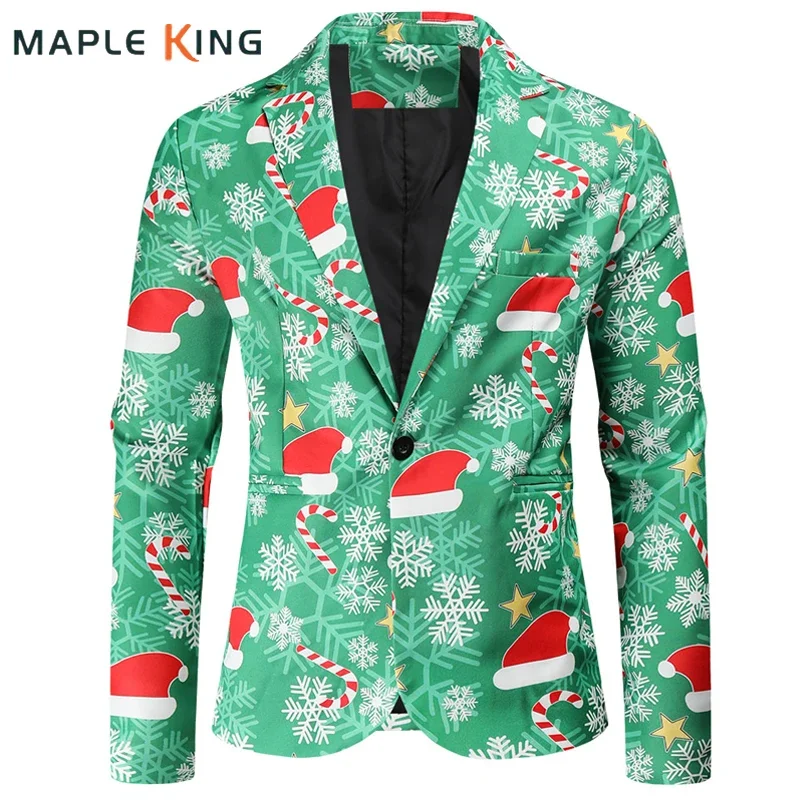 

Christmas Hat Snowflake Printed Green Blazer for Men Suits Jacket Fashion Funny Show Costume Party Coat Mens Terno Masculino 4XL