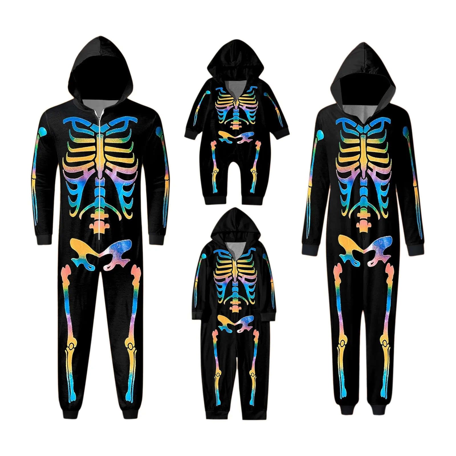 Halloween Day Family Home Loungewear Matching Pajamas Jumpsuit Hooded Zipper Comfy Skeleton Pajamas Christmas Pajamas Family Set