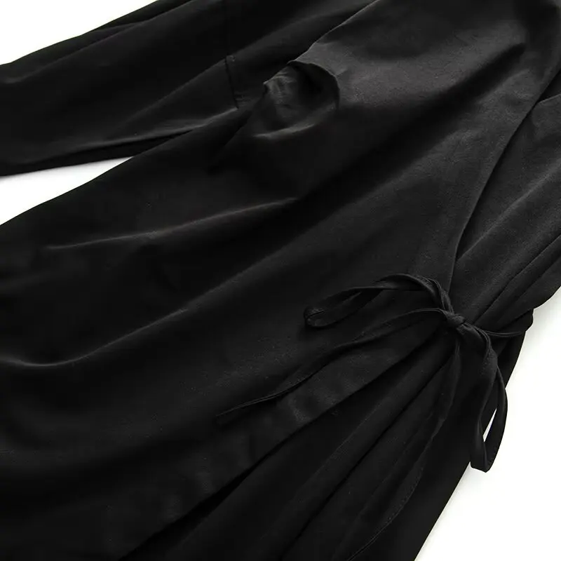 Women Autumn Long Sleeve Shirts Dress Fashion Solid Wrap Drawstring Bow V-Neck Female Elegant Street MIDI Dresses Clothing