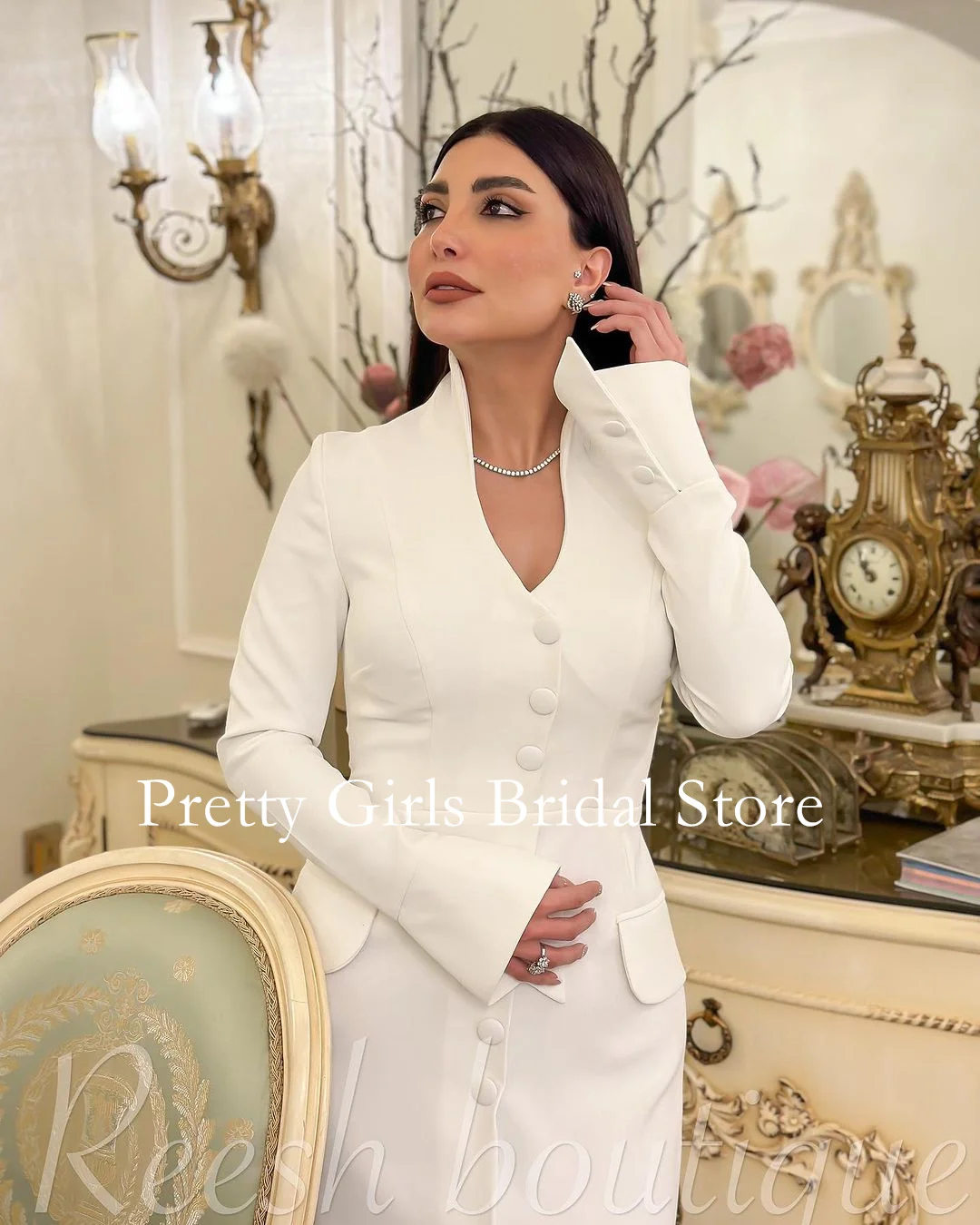 Arabic Customized White Formal Wedding Dresses Stand Neck Crepe Satin Floor Length Classic Elegant Bride Gowns Party Women