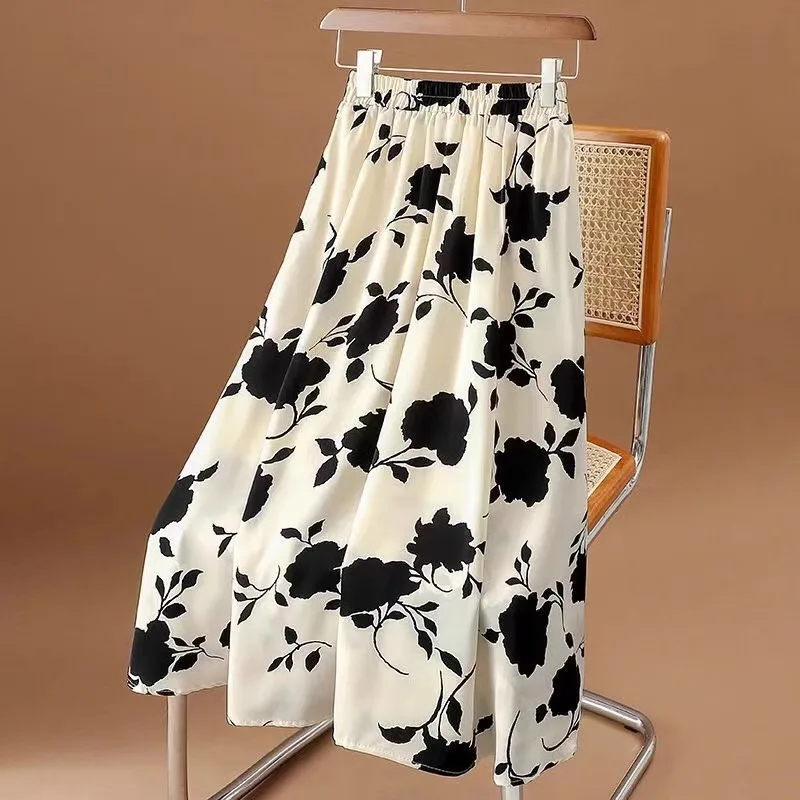 

Retro Black Floral Halter Neck Dress Women's plus Size Summer New High Waist Floral Chiffon Skirt Korean Style A-Line Skirt