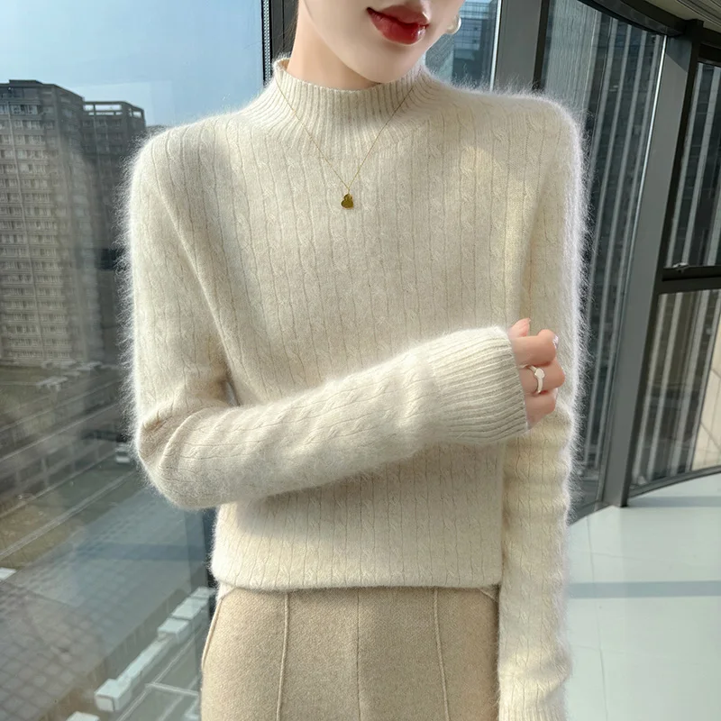 

Новый пуловер 25, свитер из 100% норки, кашемира, женский свитер с полувысоким воротником, осенне-зимний вязаный облегающий универсальный короткий свитер