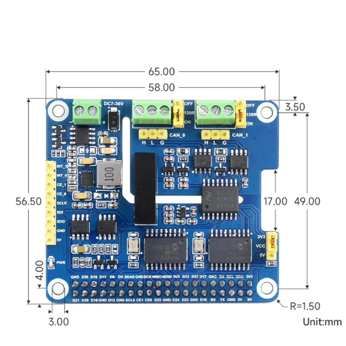 For Raspberry Pi 2CH Isolated CAN Expansion HAT MCP2515 7-36V for Raspberry Pi Series/Jetson Nano