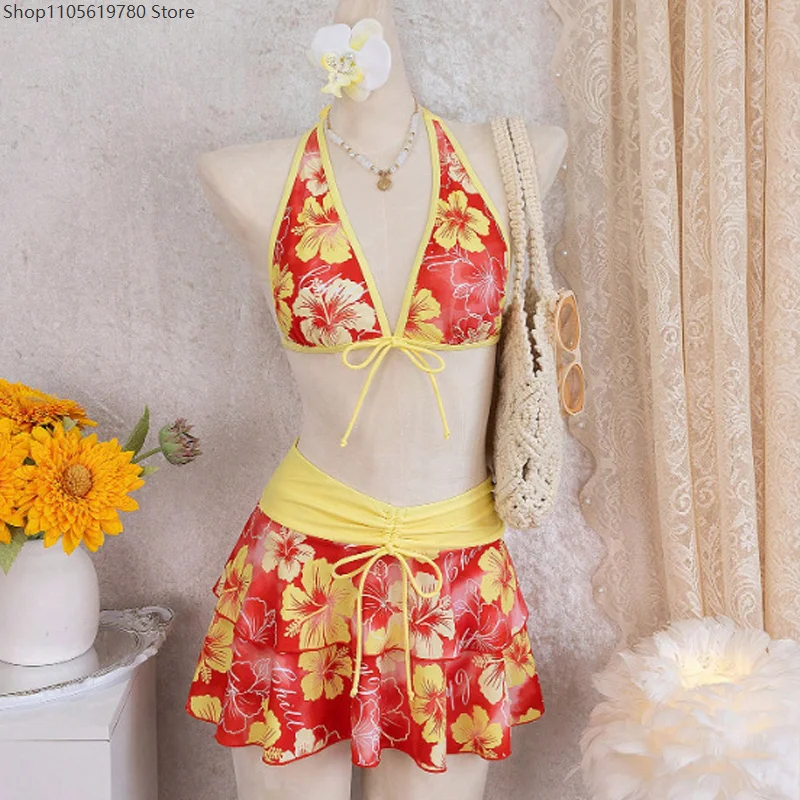 Women's Swimsuit Elegant Floral Color Block Triangle Halter High-Waist Bikini Set Cover Up Skirt 2026 Micro Bikini Three-Piece
