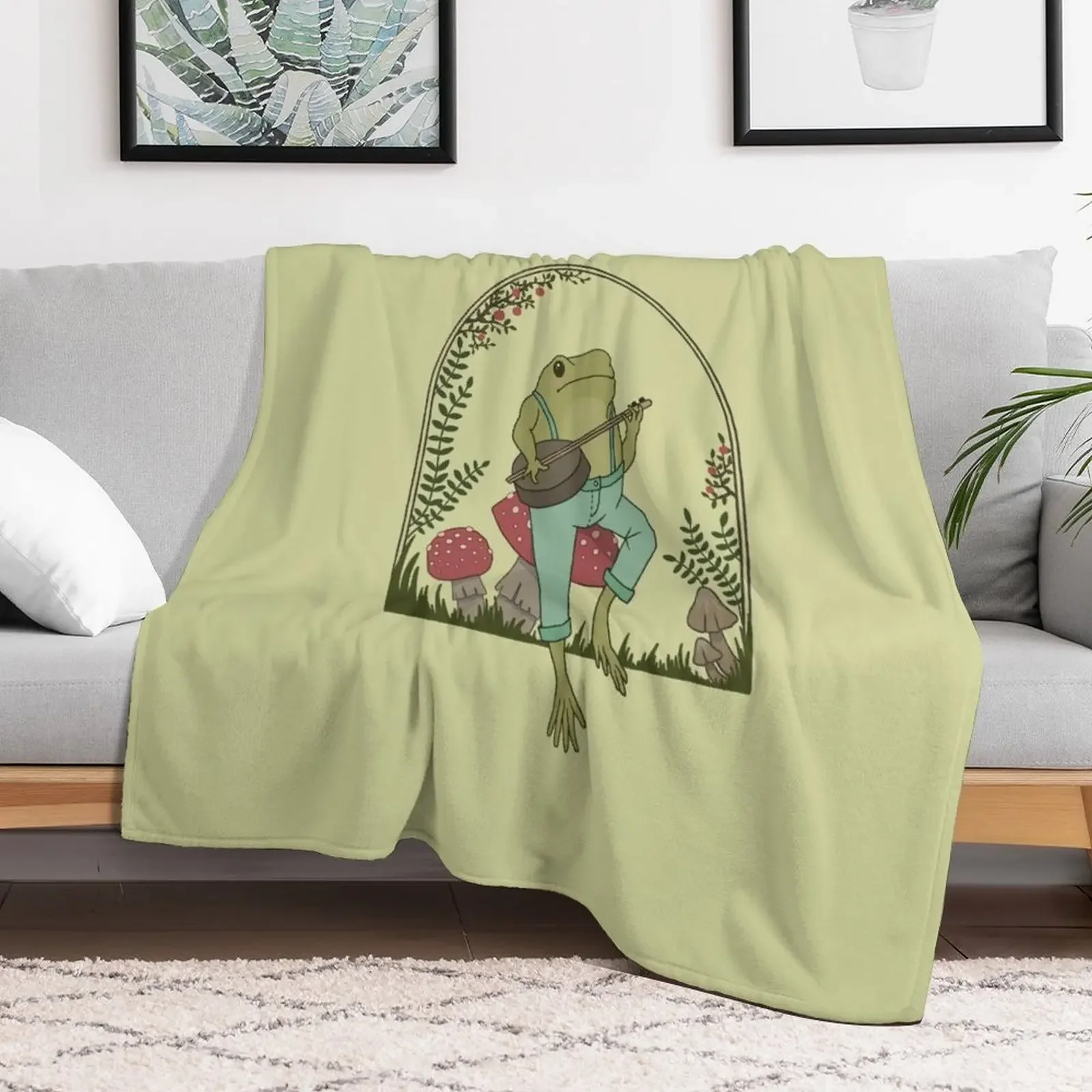 Cottagecore Aesthetic Frog Playing Banjo on Mushroom Cute Vintage - Goblincore Farmer Toad in Garden - Dark Academ Throw Blanket