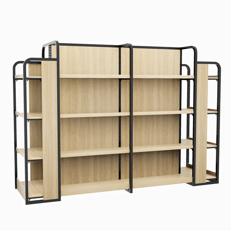 Rak Display Toko Ritel Baja Kayu Supermarket Multi Lapisan Kustom Rak Rak Makanan Ringan Toko Kelontong