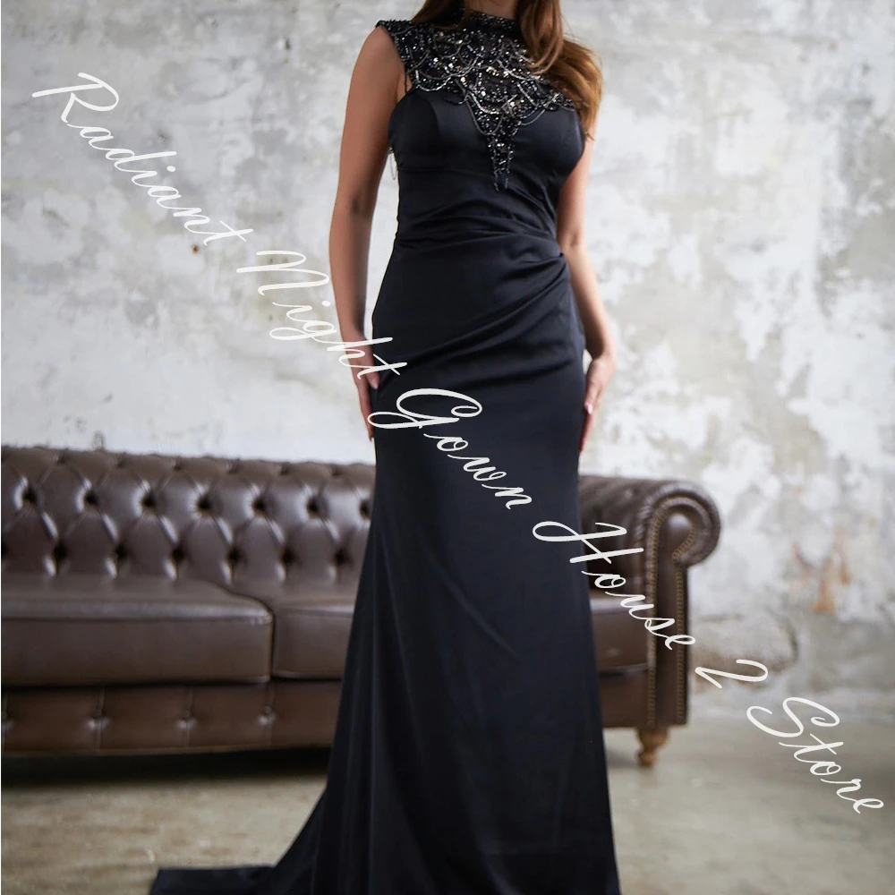 Customized Jersey Straight Cap Sleeve Crystal and Beading Evening Dress High Collar Backless Open Back Sleeveless Panel Train