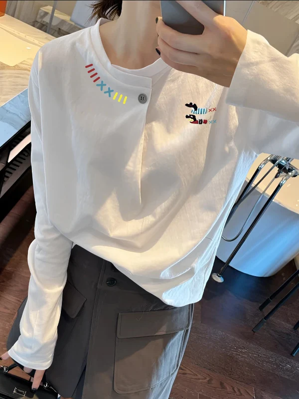 

Корейская футболка с уникальным дизайном и длинными рукавами, женская, на раннюю весну, с винтажным принтом, модная, повседневная, свободного кроя, с круглым вырезом