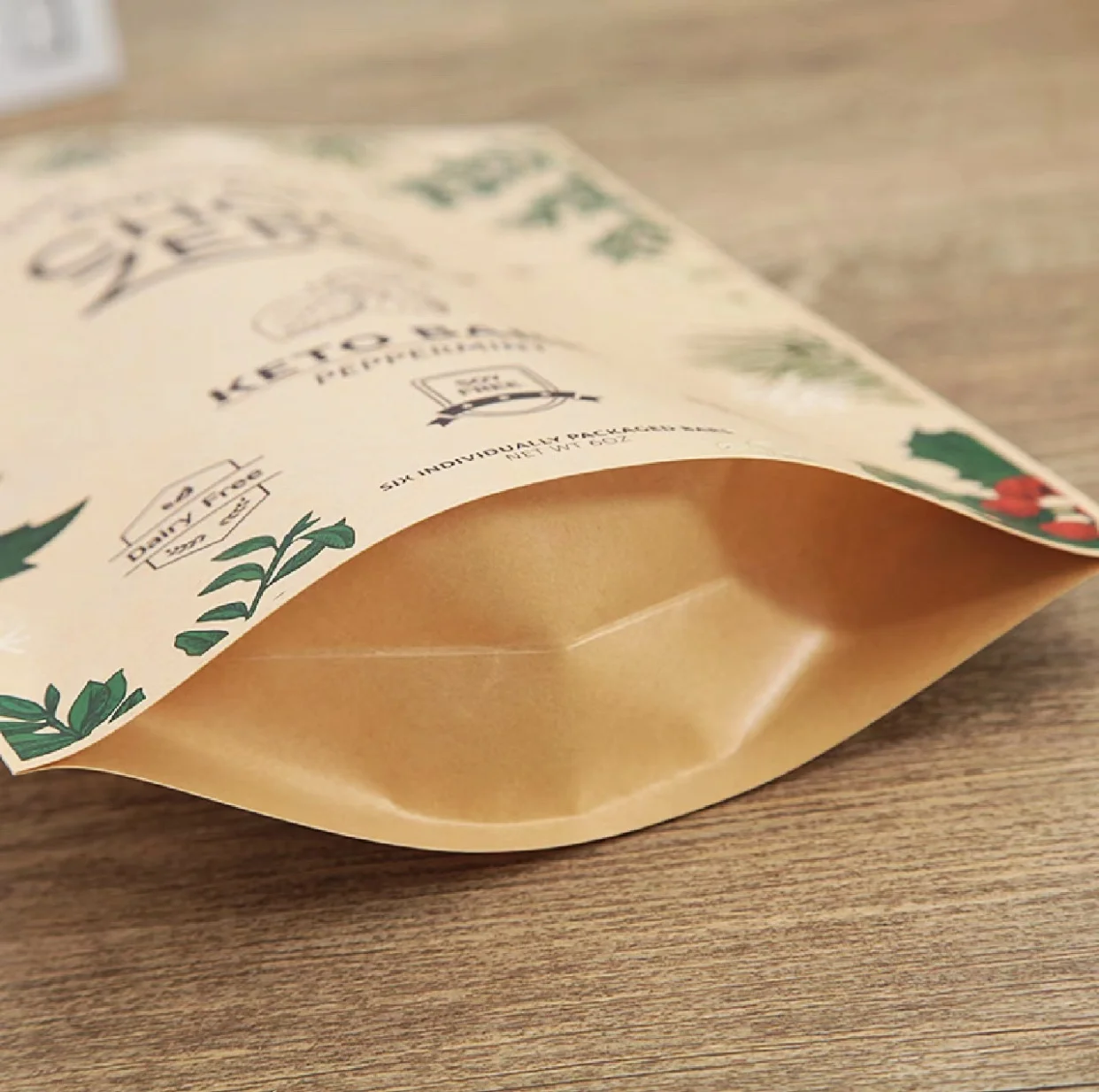 Custom Standing Kraft Paper Bag, Food Bag, Tea, Meat Jerky, Nut, Sugar, Moisture-Proof Printing, Self-Sealing Custom Bag