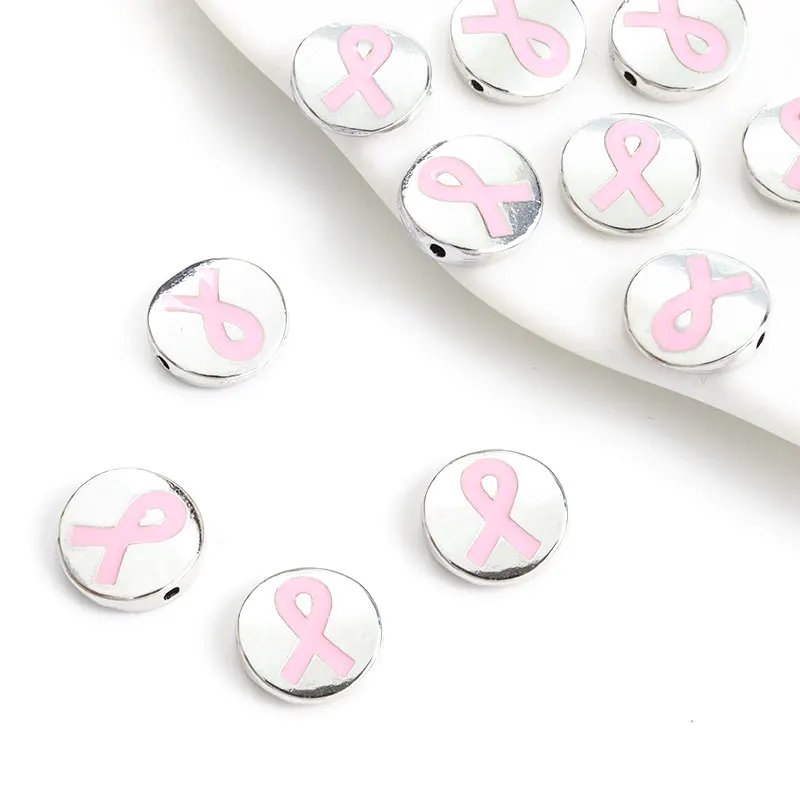 10pcs Pink Ribbon Breast Cancer Awareness Beads Round Metal Enamel Small Hole Spacer Beads for Jewelry DIY Making Necklace Gifts