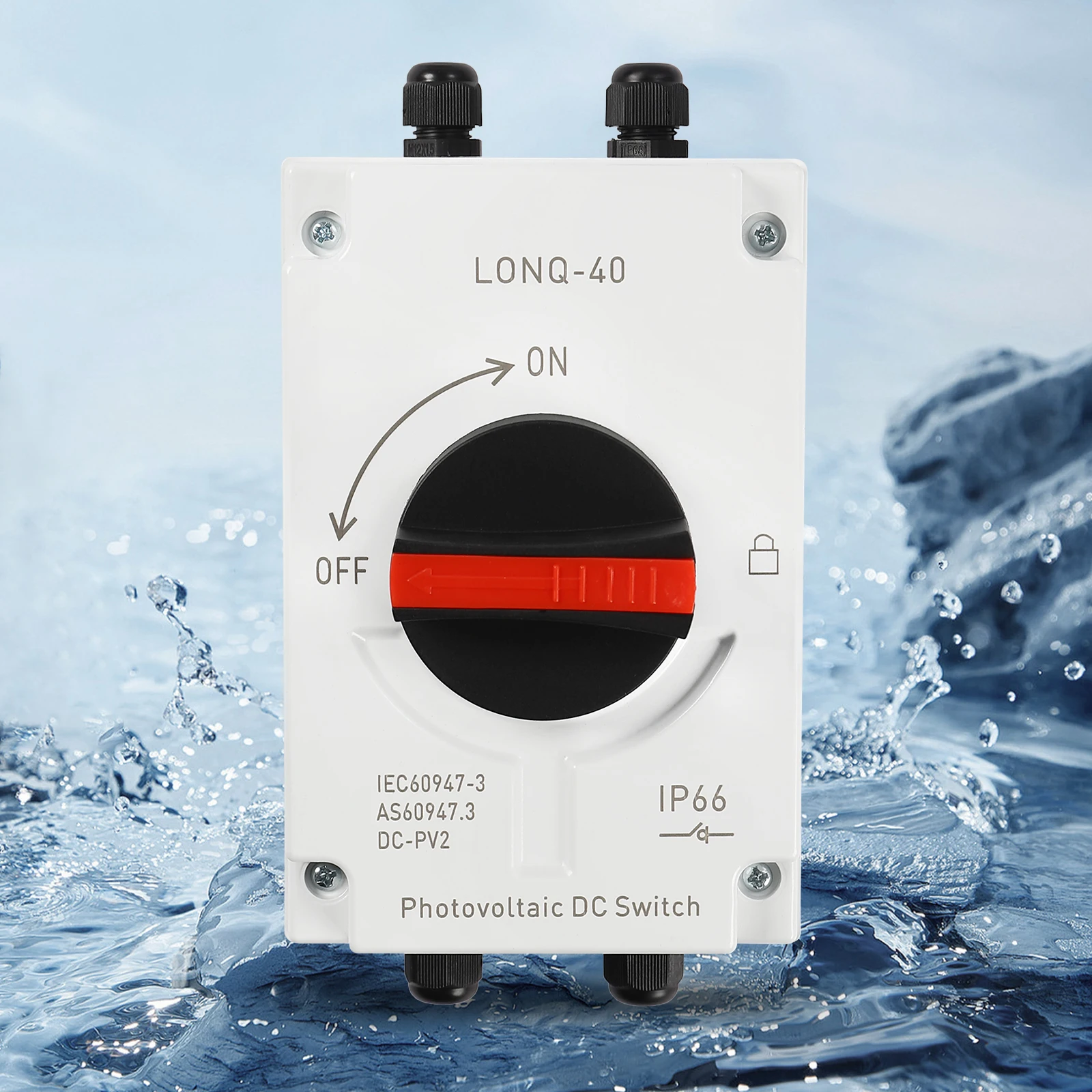 สวิตช์ตัดวงจรไฟฟ้ากระแสตรงแบบ 4 ขั้ว 1200VDC 32A, ฉนวนกันน้ำระดับ IP66 แบบหมุน พร้อมขั้วต่อ MC4 และตัวล็อค สำหรับแผงโซลาร์เซลล์