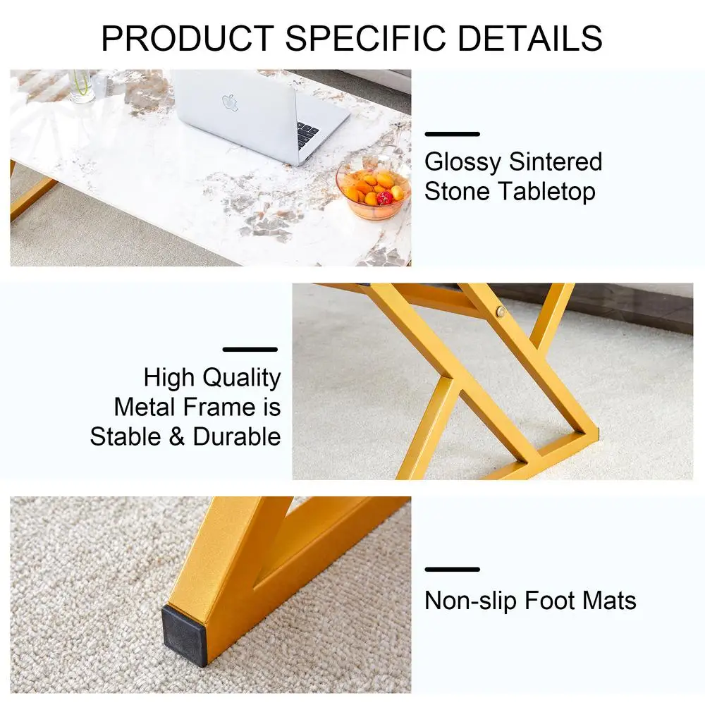 طاولة قهوة من الرخام الصخري باللون الأبيض وأرجل معدنية ذهبية حديثة مقاس 47 بوصة أثاث غرفة المعيشة متينة