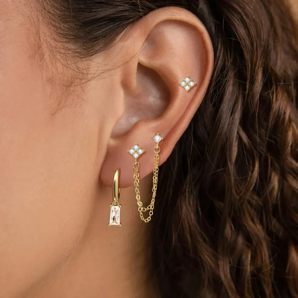 3pcs Set Charm Gold Color Stainless Steel Four-leaf Flower Crystal Stud Earrings for Women Exquisite Piercing Jewelry Colorfast