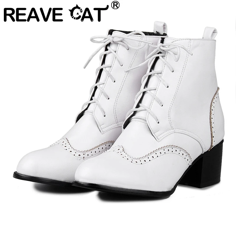 

REAVE CAT Office-Lady Ankle Boots Round Toe Block Heels Lace-up Solid Large Size 33-50 Black White Brown Winter Velet Fur S2681