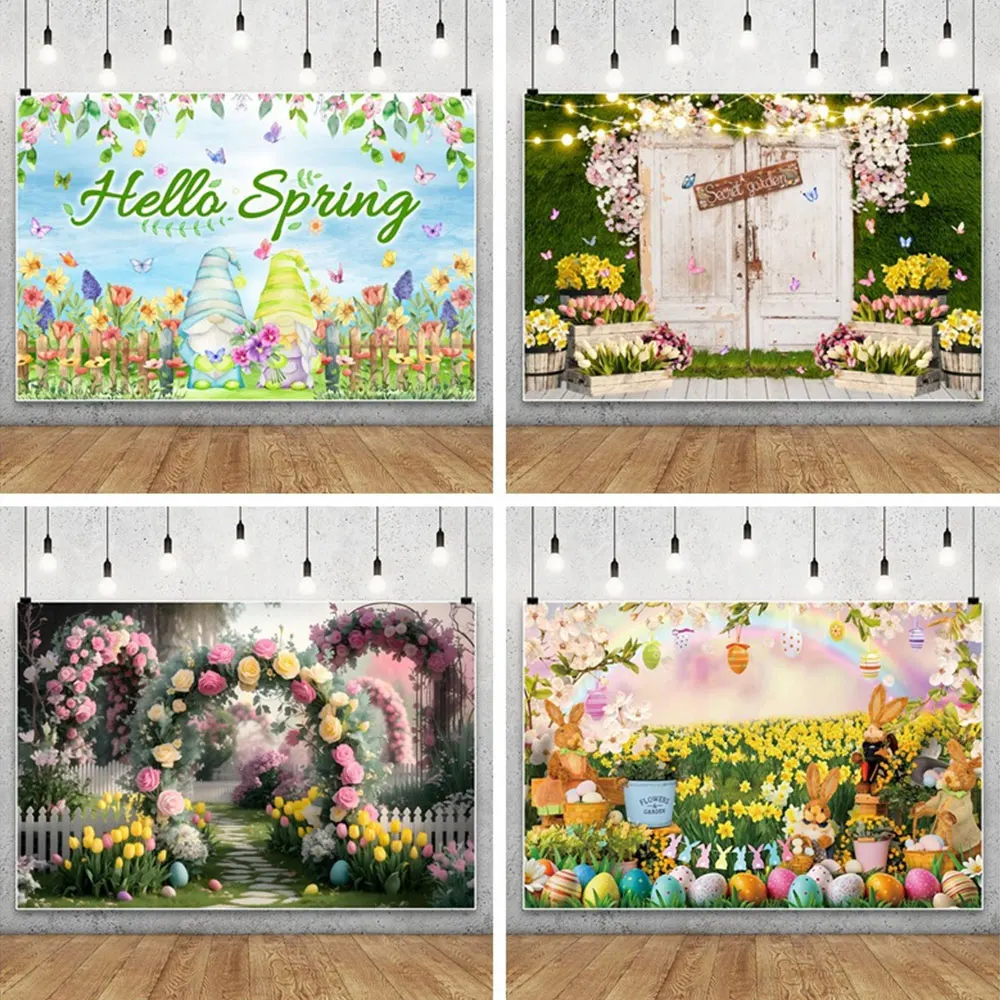 Spring Happy Easter Photography Backdrop Garden Flower Fence Egg Party Decoration Photo Background Professional Studio Photocall