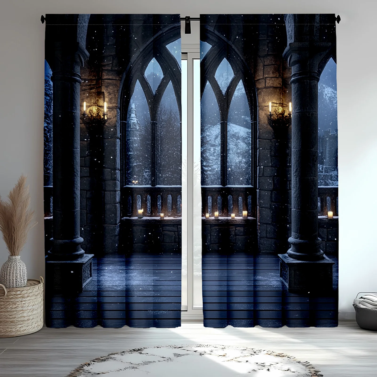 2pcs Gothic Fantasy Curtains - Enchanting Full Moon, Birds, and Castle Balcony Design with Burning Candles - Polyester Drapes fo