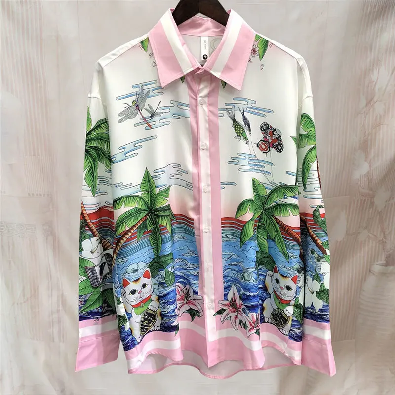 

2023Spring Holiday Mediterranean Tide Brand Long Sleeved Shirt Casual Print Pink Loose Cardigan Men Hawaiian Shirt Chemise Homme