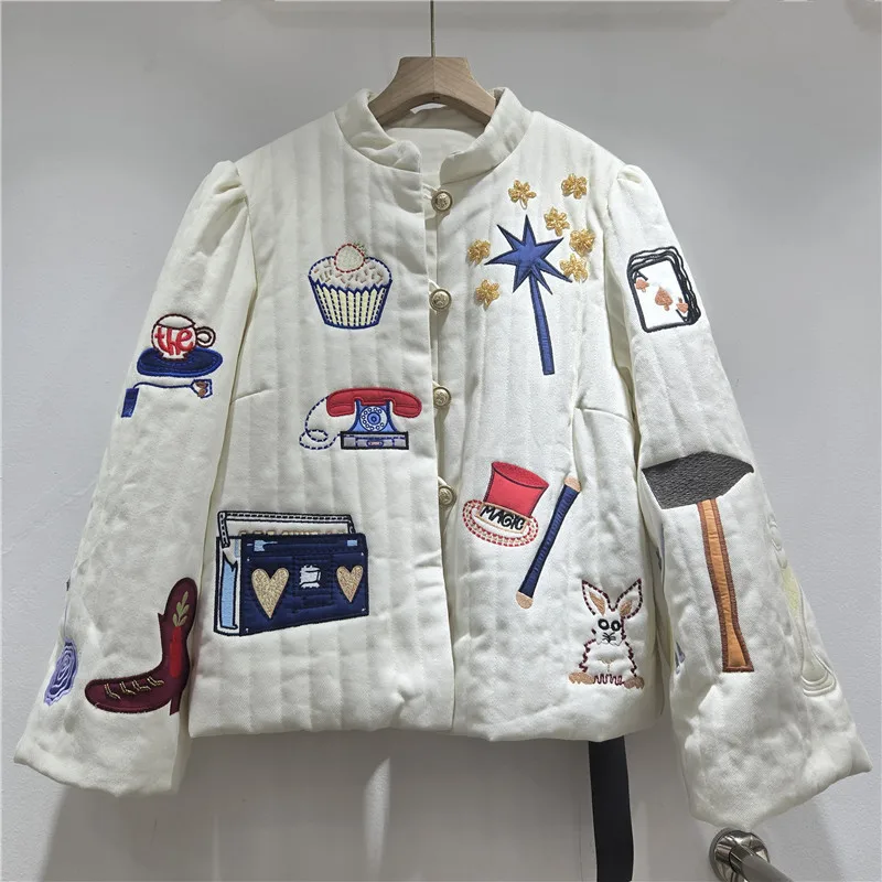New Autumn Winter Women Stand Collar Embroidered Jacket Vintage Cartoon Embroidery Long Sleeve Coat Chic Unique Design Outerwear