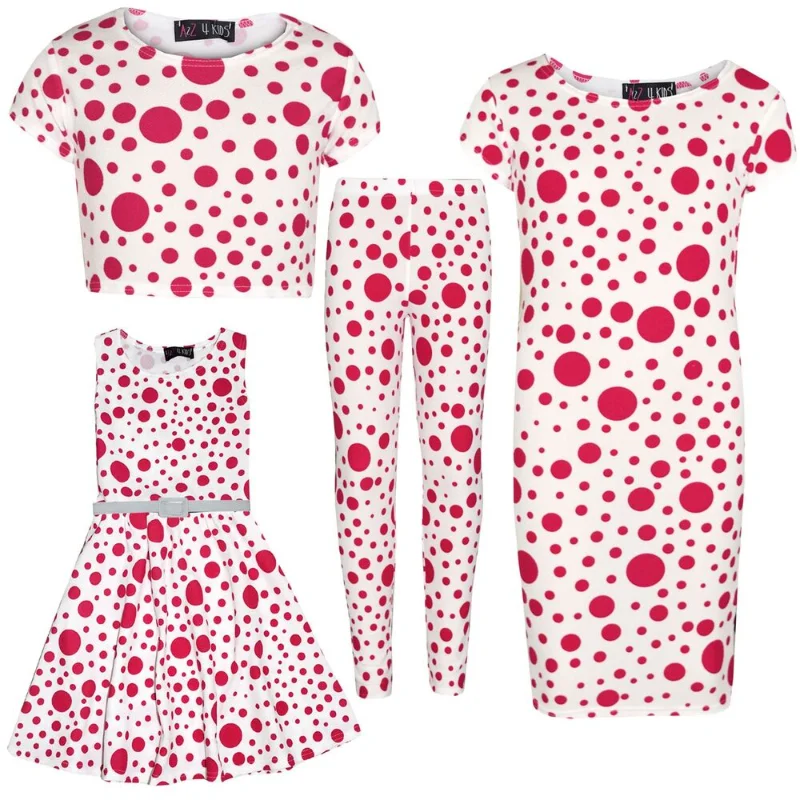 

Girls Dresses Kids Pink Polka Dot Print Crop Top Legging Midi Skater Dress 7-13Y