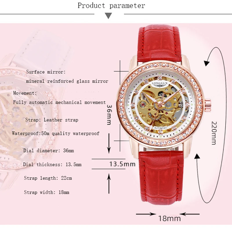 Woman Automatic Mechanical Watches Skeleton Wristwatch Lady Elegant Luxury High Quality Leather Strap Watch 50m Waterproof Clock