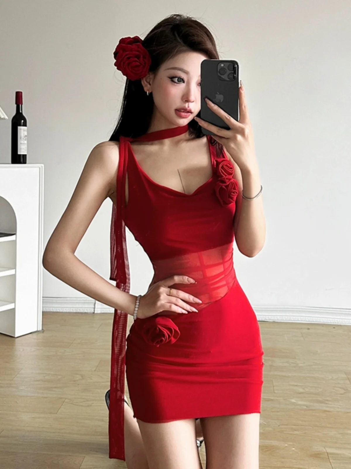 Doce e picante Girl Me Splice Alça de emagrecimento Dr Decoração de flores 3D Saia ortod versátil Street Sle Cintura alta Summ...